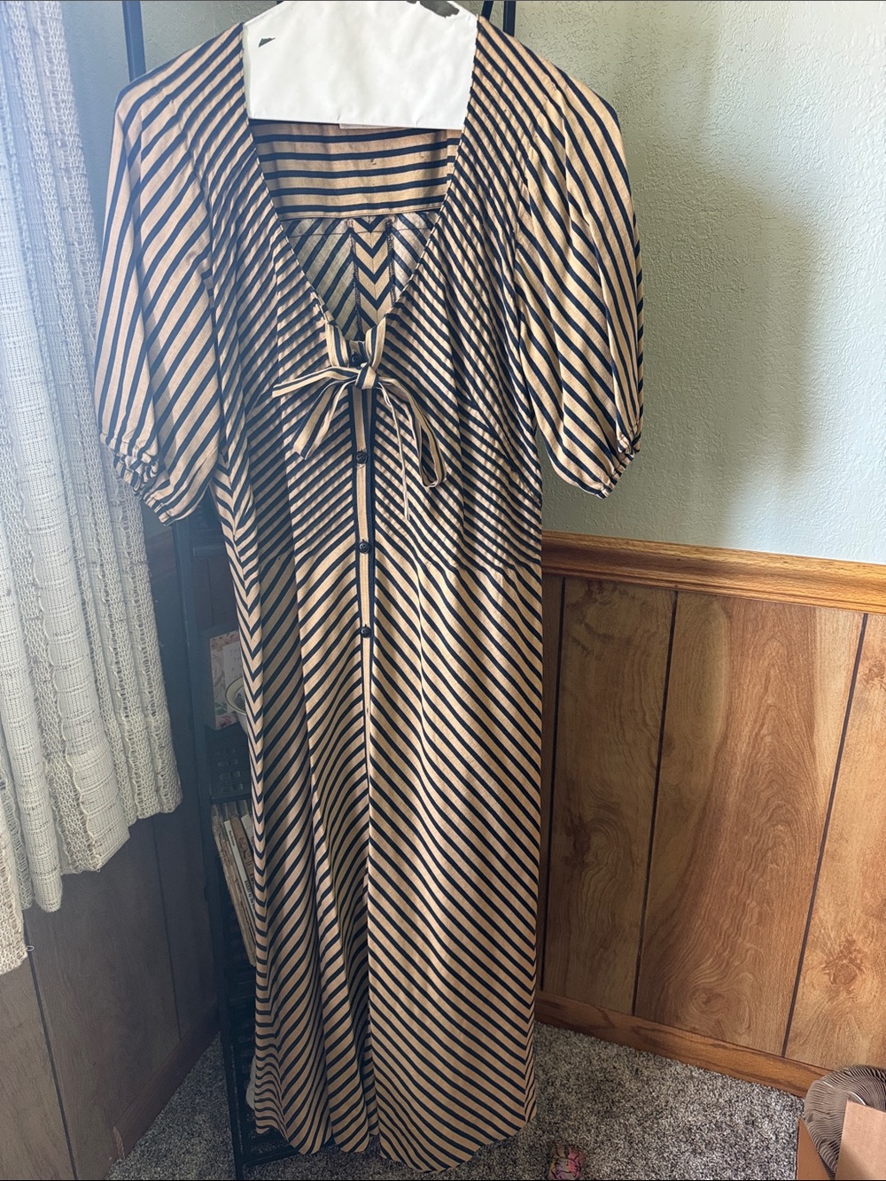 Albert Nipon Beige and Black Striped Tie-Front Maxi Dress